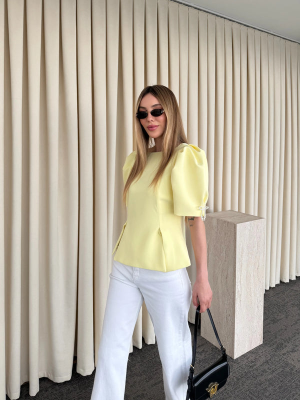 Sarı Kolu İnci Fiyonk Detaylı Bluz - 5001