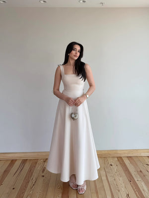 Bej Beli Fiyonklu Prenses Model Elbise - 3333