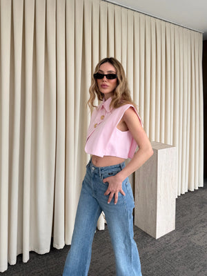 Pembe Poplin Crop Yelek - 8419