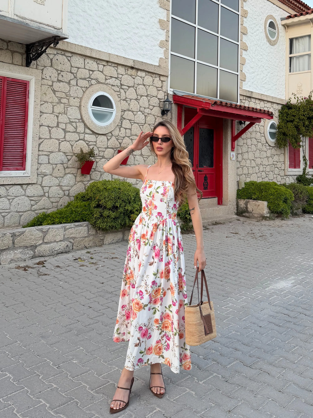 Beyaz Çiçek Desenli Ayarlanabilir Askılı Elbise - 7441