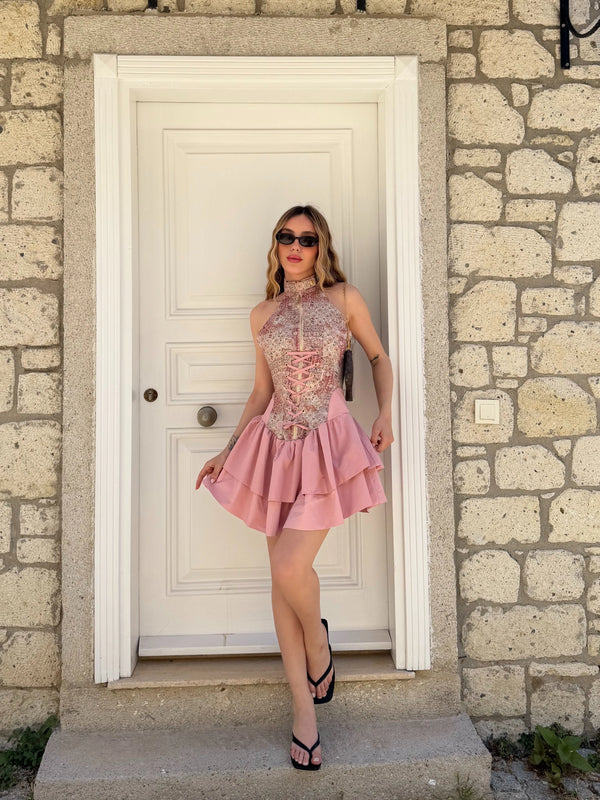 Pembe Ön Arka Fermuar ve Bağcık Detaylı Tasarım Elbise - 7935