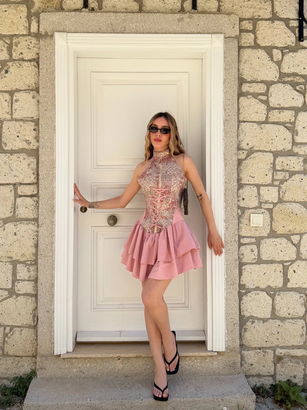 Pembe Ön Arka Fermuar ve Bağcık Detaylı Tasarım Elbise - 7935