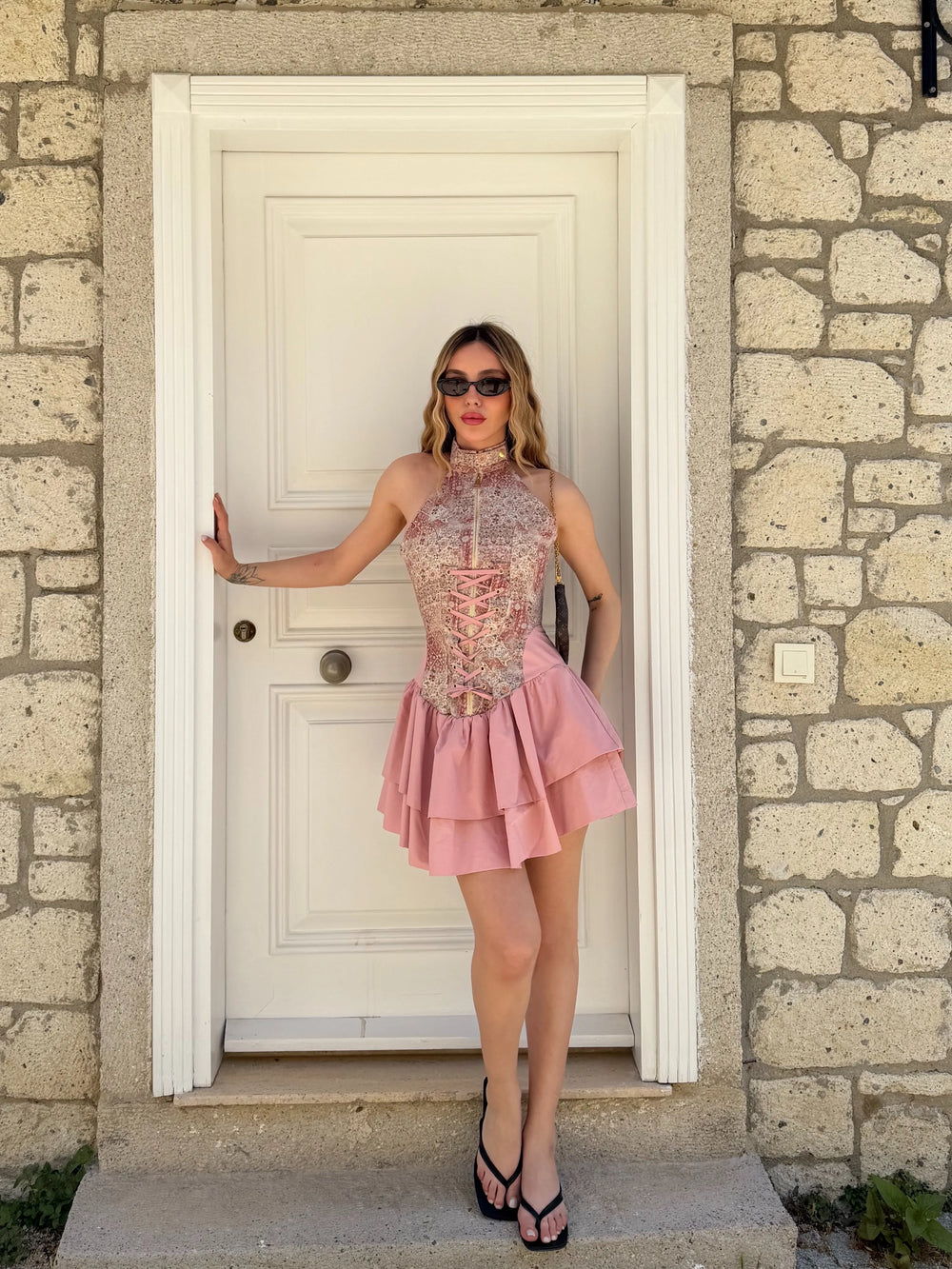 Pembe Ön Arka Fermuar ve Bağcık Detaylı Tasarım Elbise - 7935
