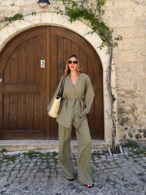 Haki Tek Düğmeli Kuşaklı Kimono Takım - 007
