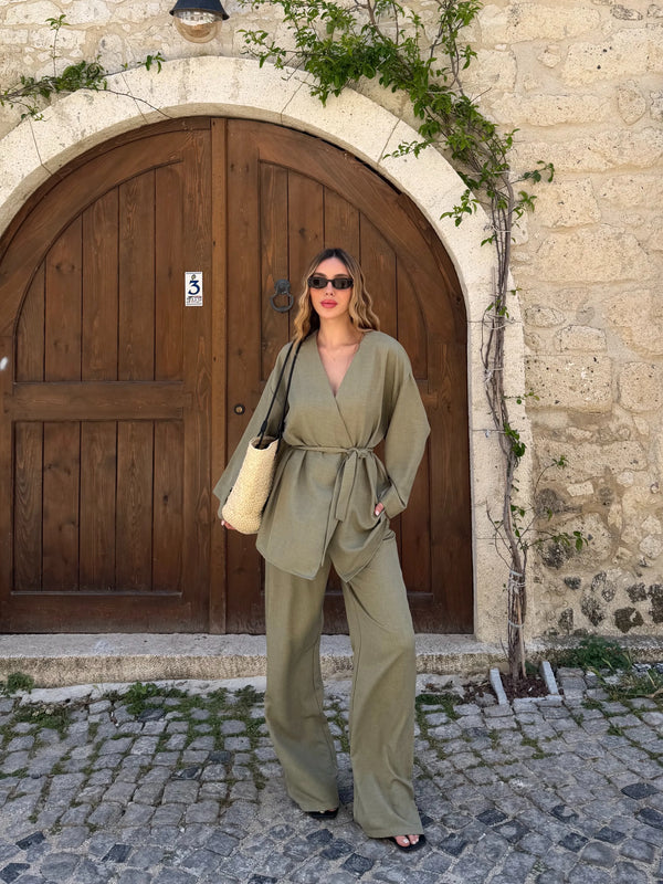 Haki Tek Düğmeli Kuşaklı Kimono Takım - 007