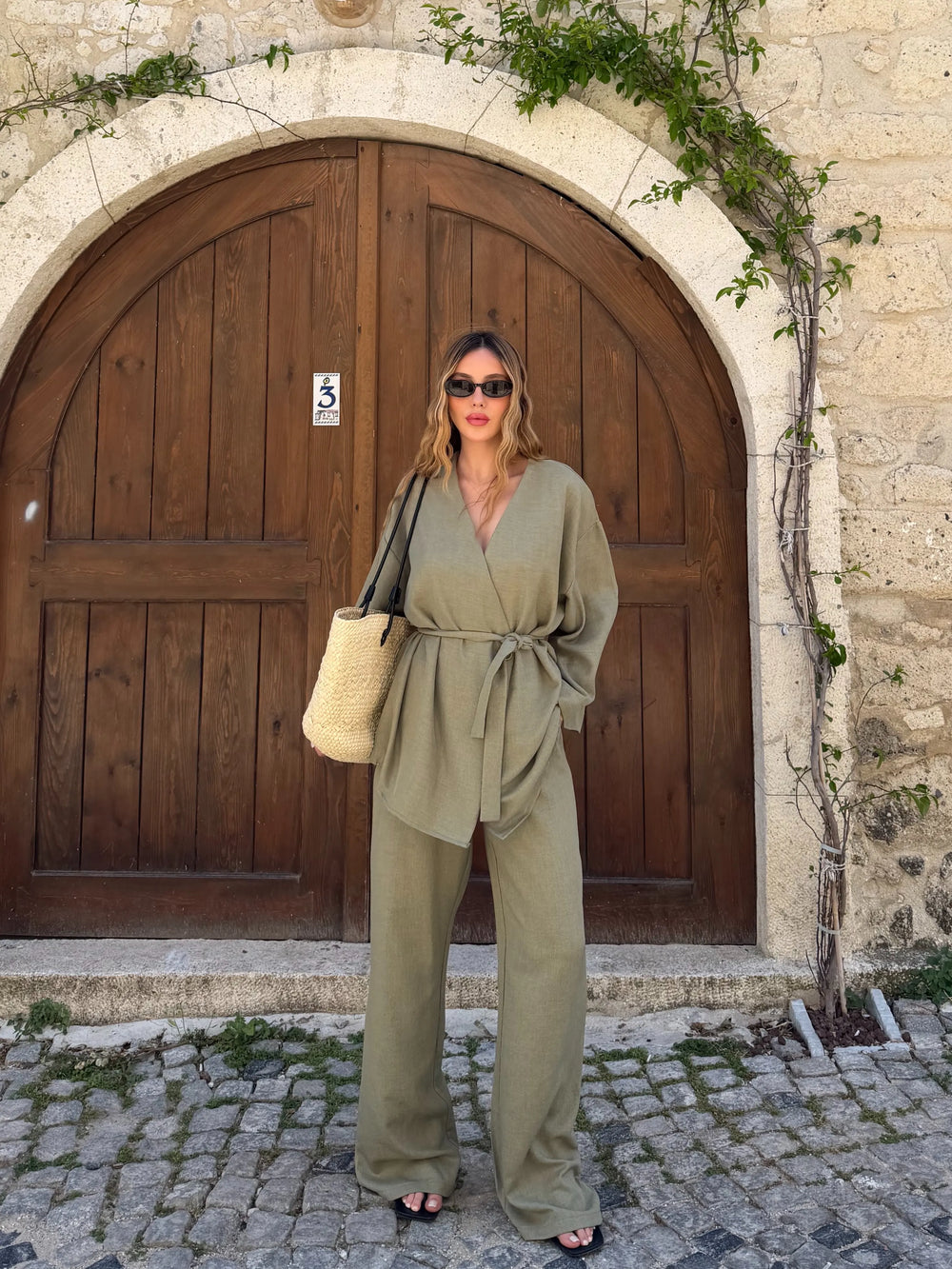 Haki Tek Düğmeli Kuşaklı Kimono Takım - 007