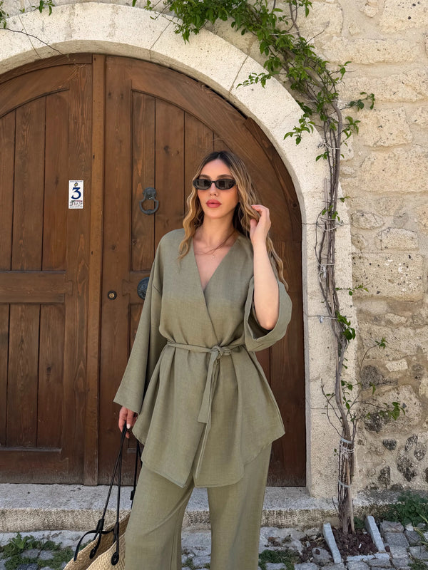Haki Tek Düğmeli Kuşaklı Kimono Takım - 007