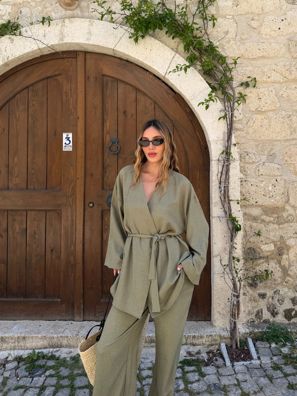 Haki Tek Düğmeli Kuşaklı Kimono Takım - 007