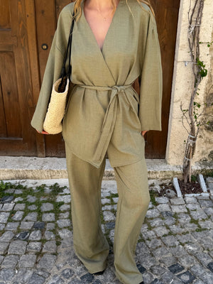 Haki Tek Düğmeli Kuşaklı Kimono Takım - 007