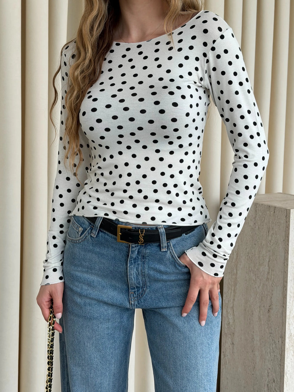 Beyaz Kayık Yaka Puantiyeli Bluz - 0668