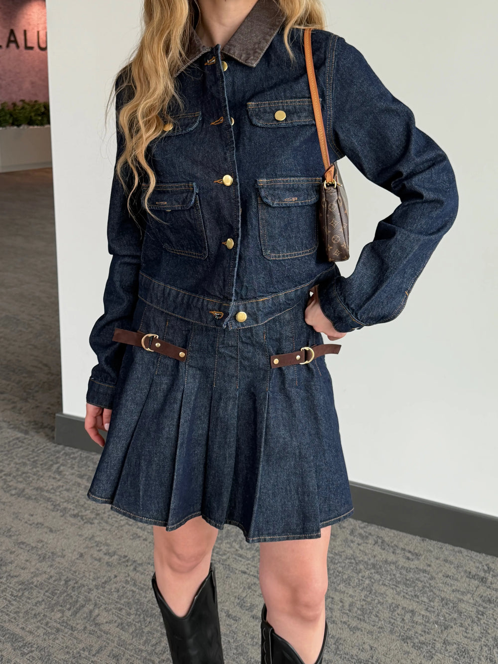 Lacivert Pileli Etek Ceket Denim Takım - 0984
