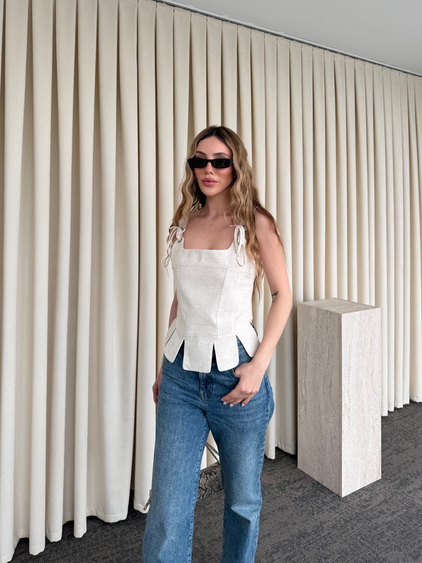 Natural Keten Dilimli Bluz - MN8456