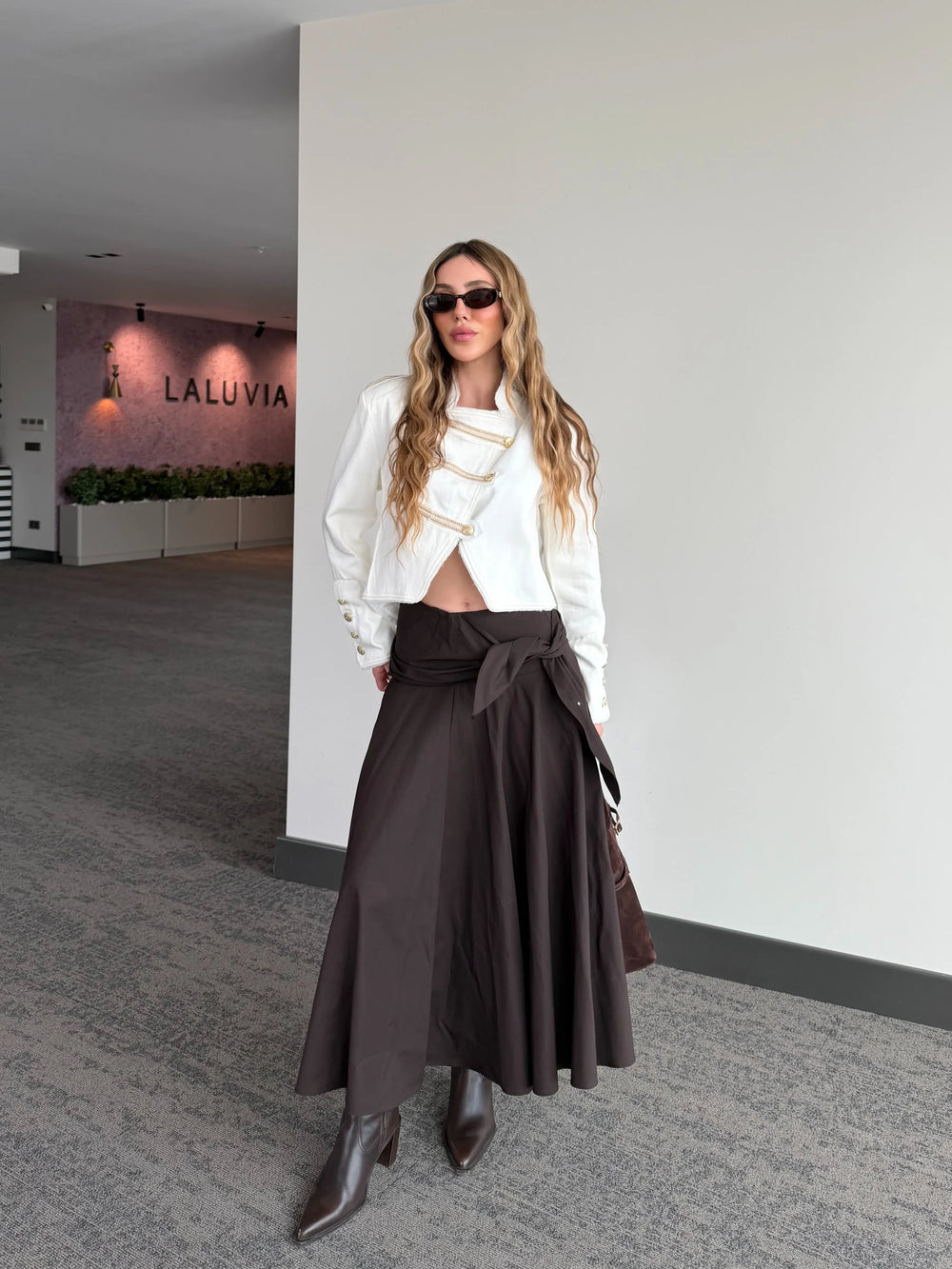 Kahverengi %100 Pamuk Kendinden Şal Detaylı Etek - 3390