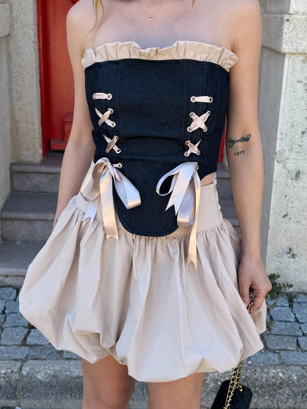 Lacivert Denim Korse Balon Etek Takım - 7914