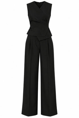 Siyah Donna Kruvaze Yaka Yelek Pantolon Takım - 3y8496