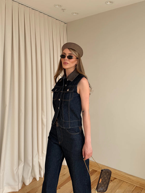 Kahverengi Yaka Detaylı Denim Yelek Pantolon Takım - 0981