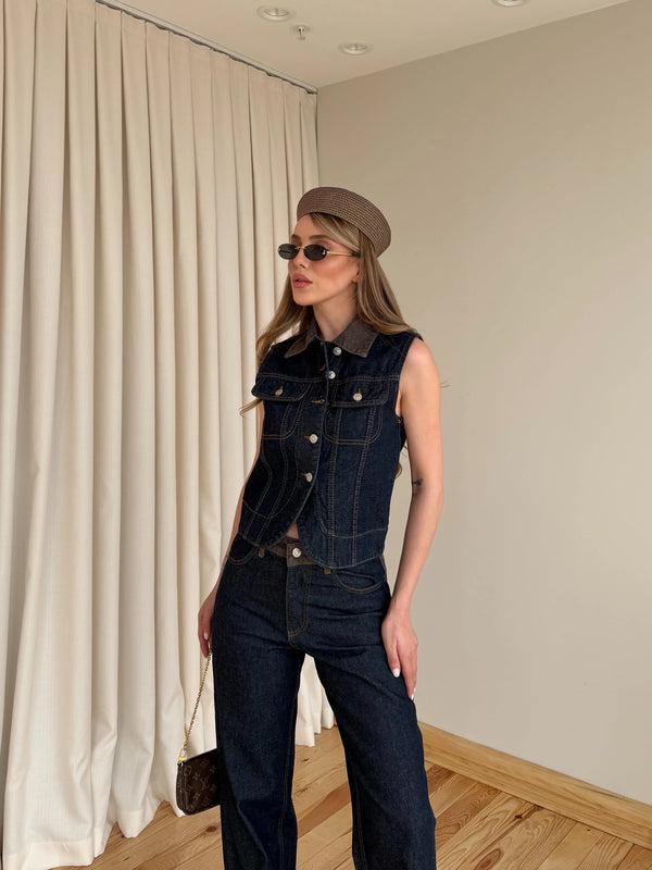Kahverengi Yaka Detaylı Denim Yelek Pantolon Takım - 0981