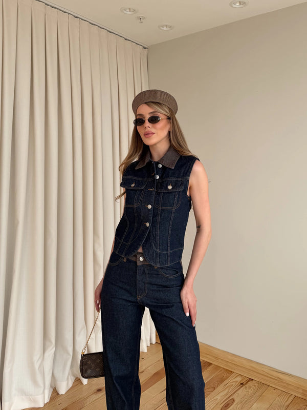 Kahverengi Yaka Detaylı Denim Yelek Pantolon Takım - 0981