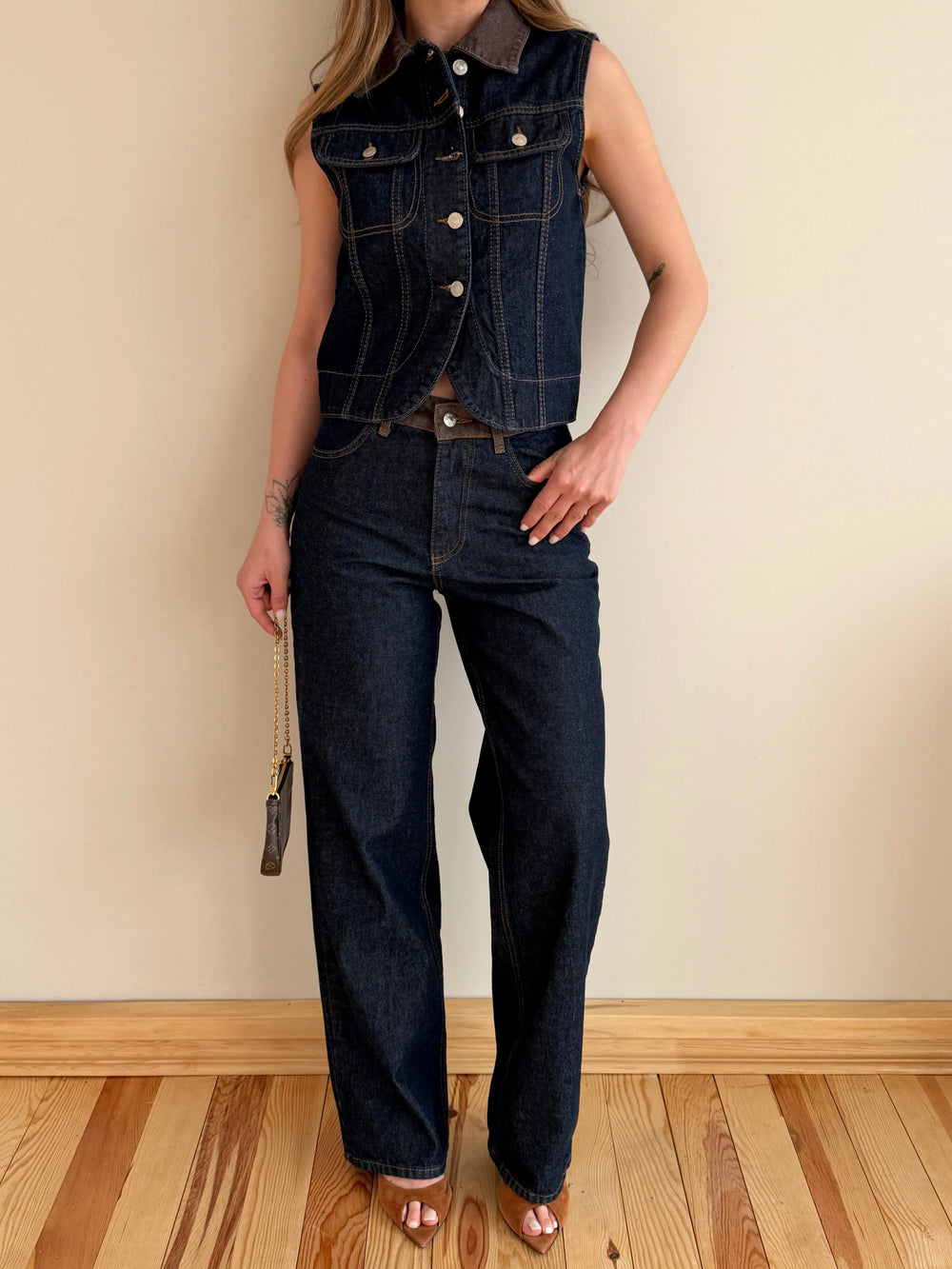Kahverengi Yaka Detaylı Denim Yelek Pantolon Takım - 0981