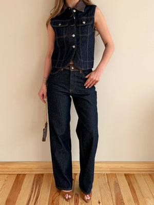 Kahverengi Yaka Detaylı Denim Yelek Pantolon Takım - 0981