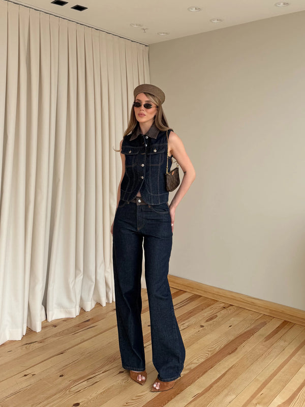 Kahverengi Yaka Detaylı Denim Yelek Pantolon Takım - 0981