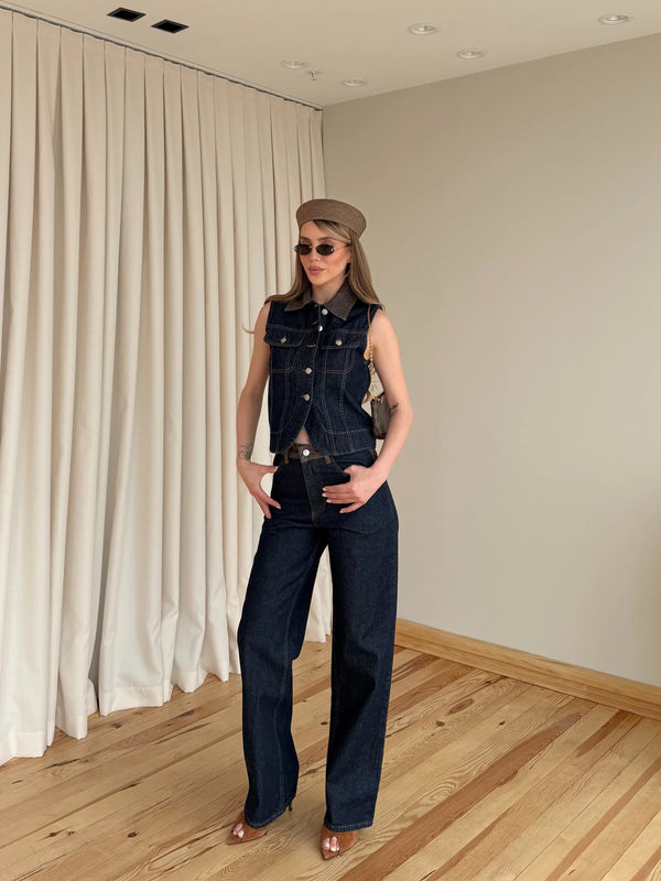 Kahverengi Yaka Detaylı Denim Yelek Pantolon Takım - 0981