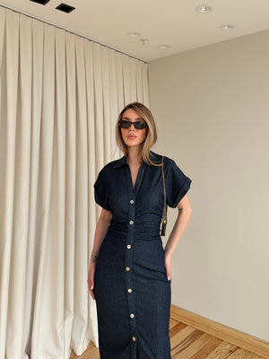 Lacivert Düğmeli Drapeli Denim Elbise - 8198