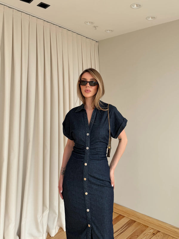 Lacivert Düğmeli Drapeli Denim Elbise - 8198