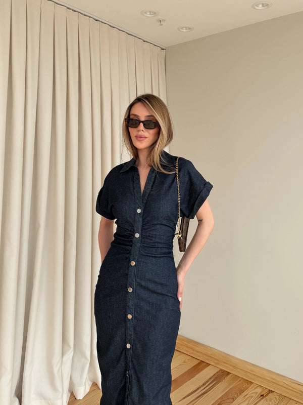 Lacivert Düğmeli Drapeli Denim Elbise - 8198