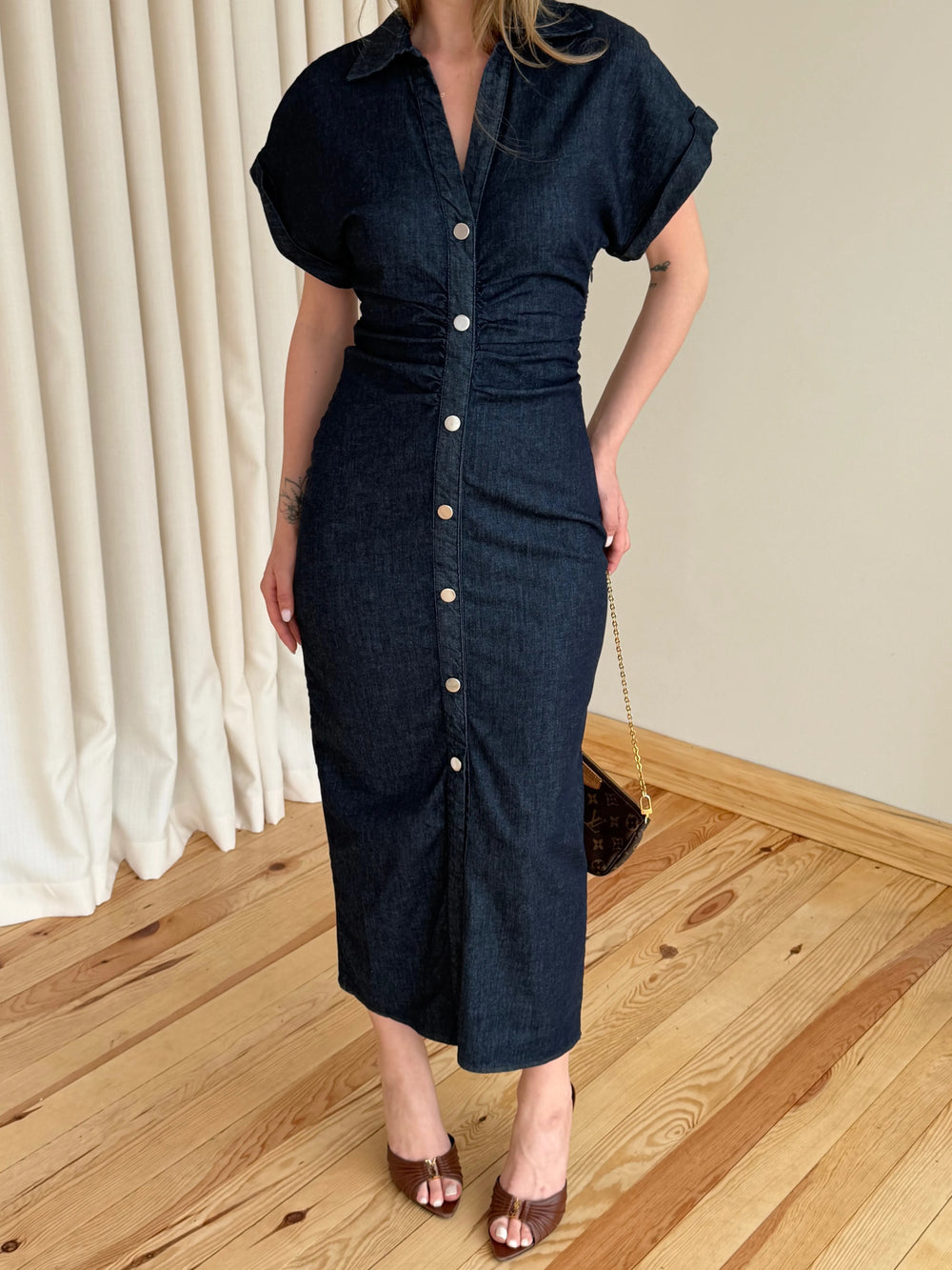 Lacivert Düğmeli Drapeli Denim Elbise - 8198