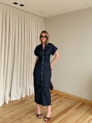 Lacivert Düğmeli Drapeli Denim Elbise - 8198