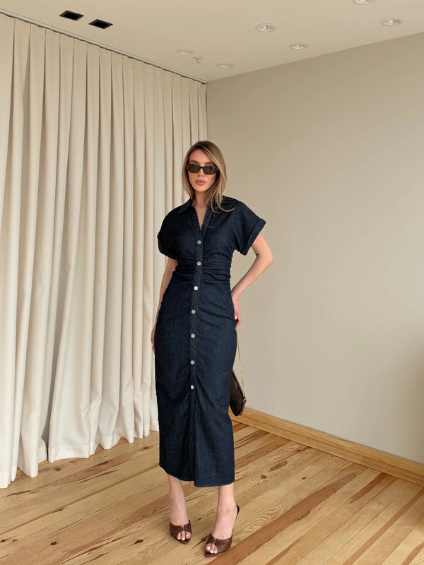 Lacivert Düğmeli Drapeli Denim Elbise - 8198