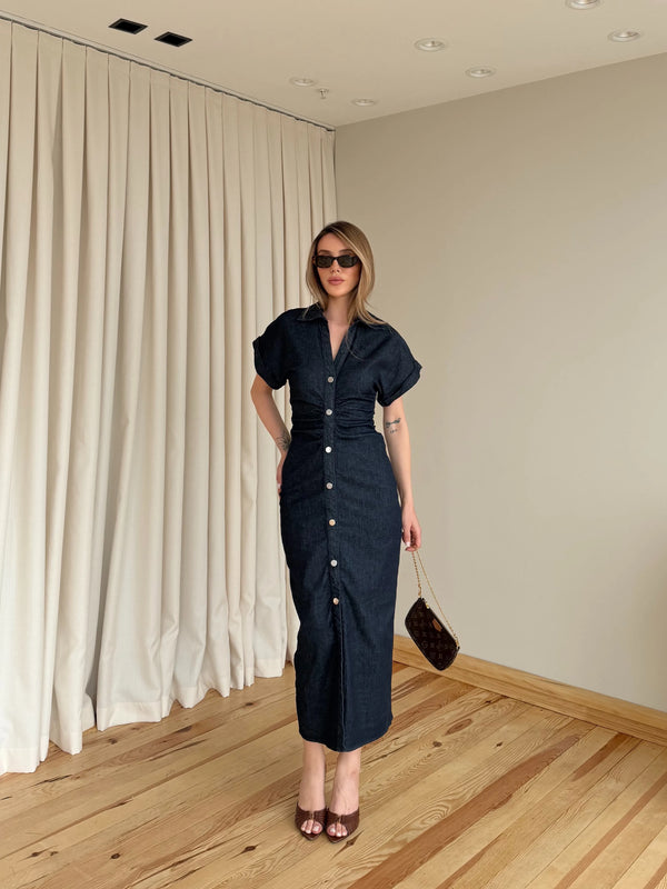 Lacivert Düğmeli Drapeli Denim Elbise - 8198