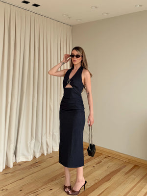 Lacivert Broşlu Denim Elbise - 8217