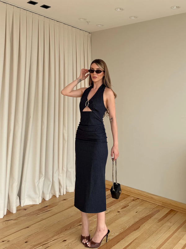 Lacivert Broşlu Denim Elbise - 8217