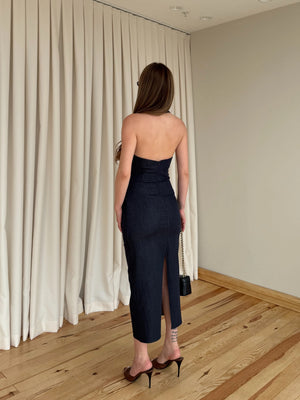 Lacivert Broşlu Denim Elbise - 8217