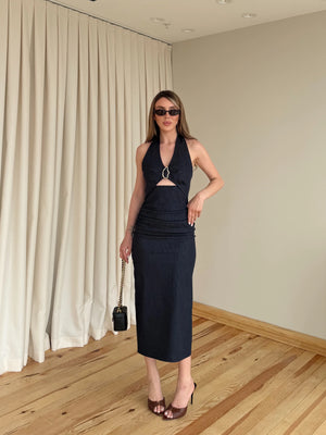 Lacivert Broşlu Denim Elbise - 8217