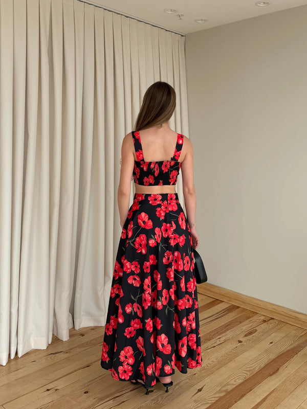 Kırmızı Çiçek Desenli Crop Bluz Etek Takım - 7273