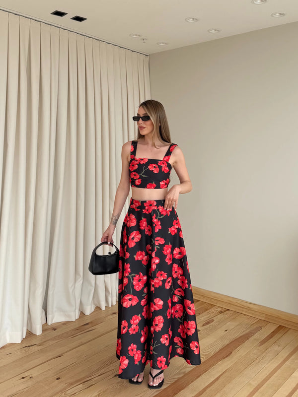 Kırmızı Çiçek Desenli Crop Bluz Etek Takım - 7273