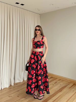 Kırmızı Çiçek Desenli Crop Bluz Etek Takım - 7273