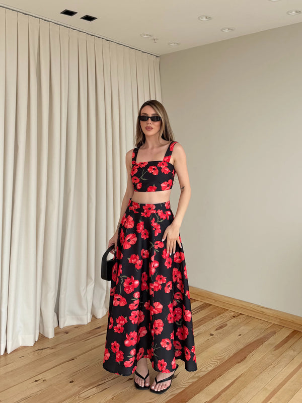 Kırmızı Çiçek Desenli Crop Bluz Etek Takım - 7273