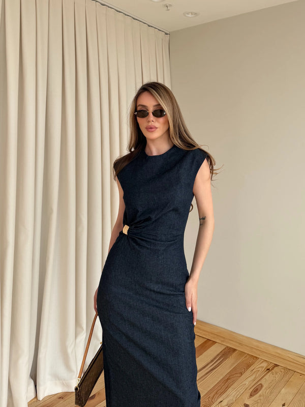 Lacivert Aksesuarlı Denim Elbise - 8192