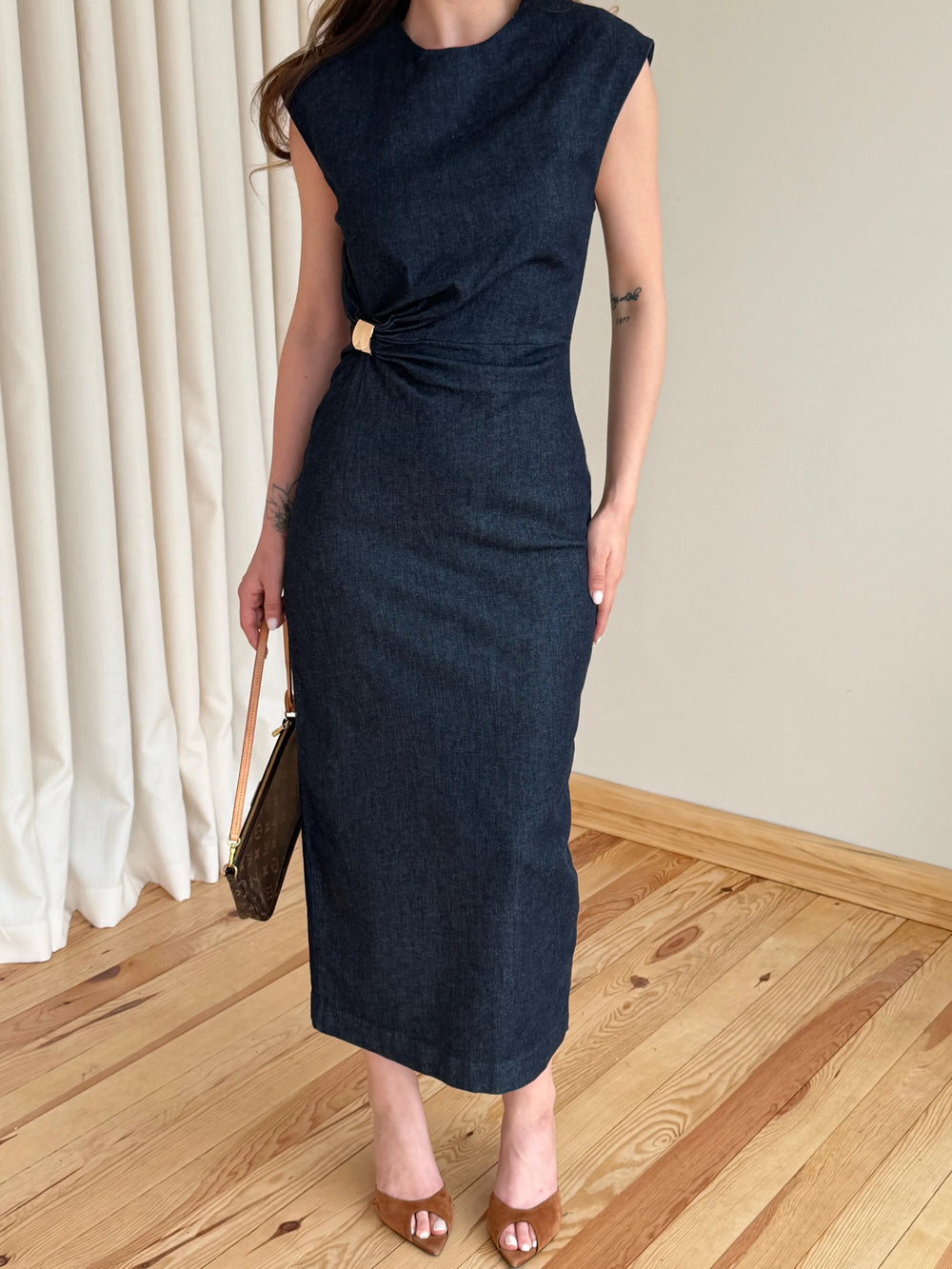 Lacivert Aksesuarlı Denim Elbise - 8192