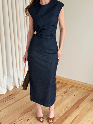 Lacivert Aksesuarlı Denim Elbise - 8192