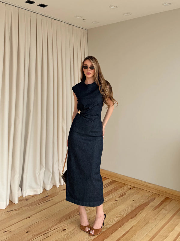 Lacivert Aksesuarlı Denim Elbise - 8192
