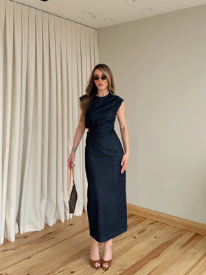 Lacivert Aksesuarlı Denim Elbise - 8192