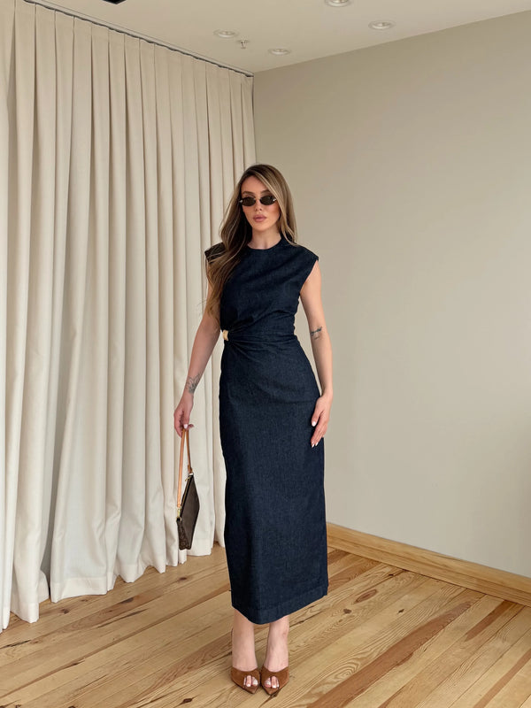 Lacivert Aksesuarlı Denim Elbise - 8192