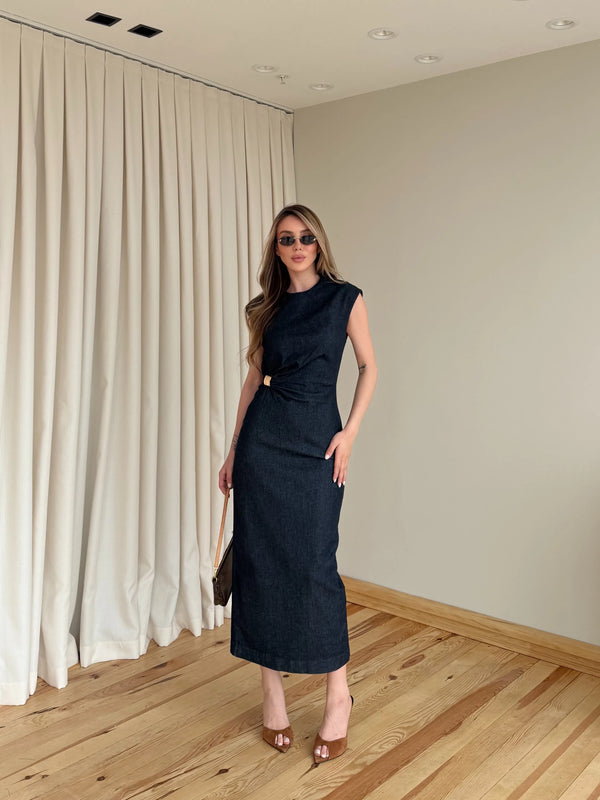 Lacivert Aksesuarlı Denim Elbise - 8192