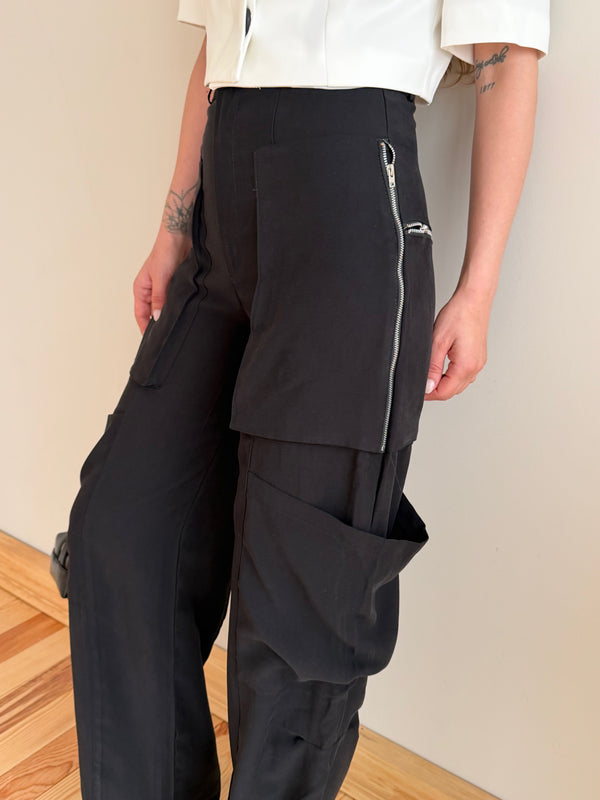 Siyah Fermuarlı Tencel Kargo Pantolon - 1673