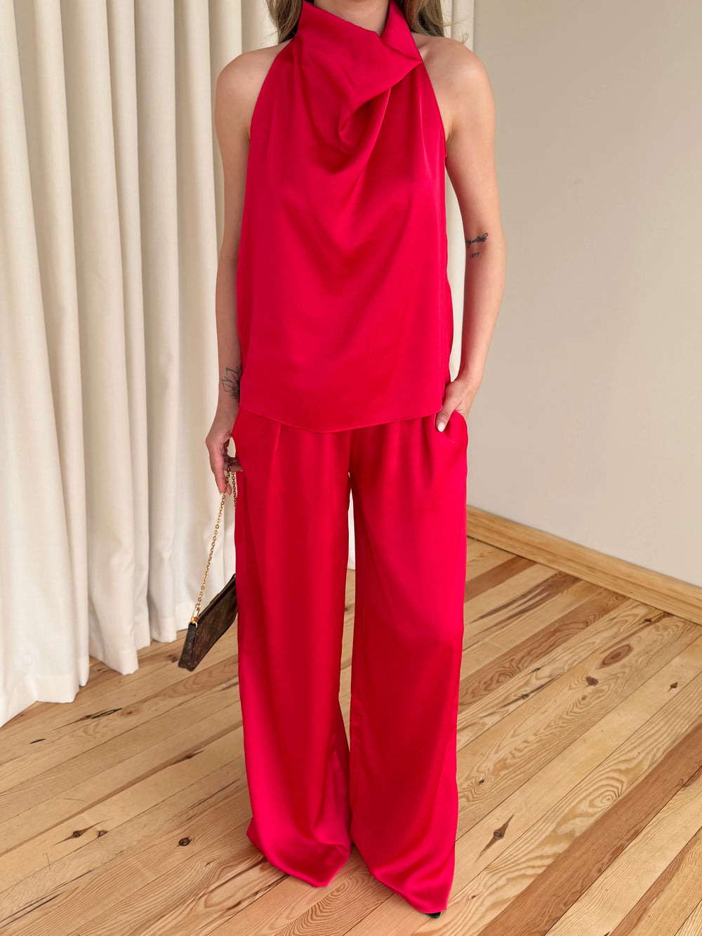 Kırmızı Saten Bluz Pantolon Takım - 30433